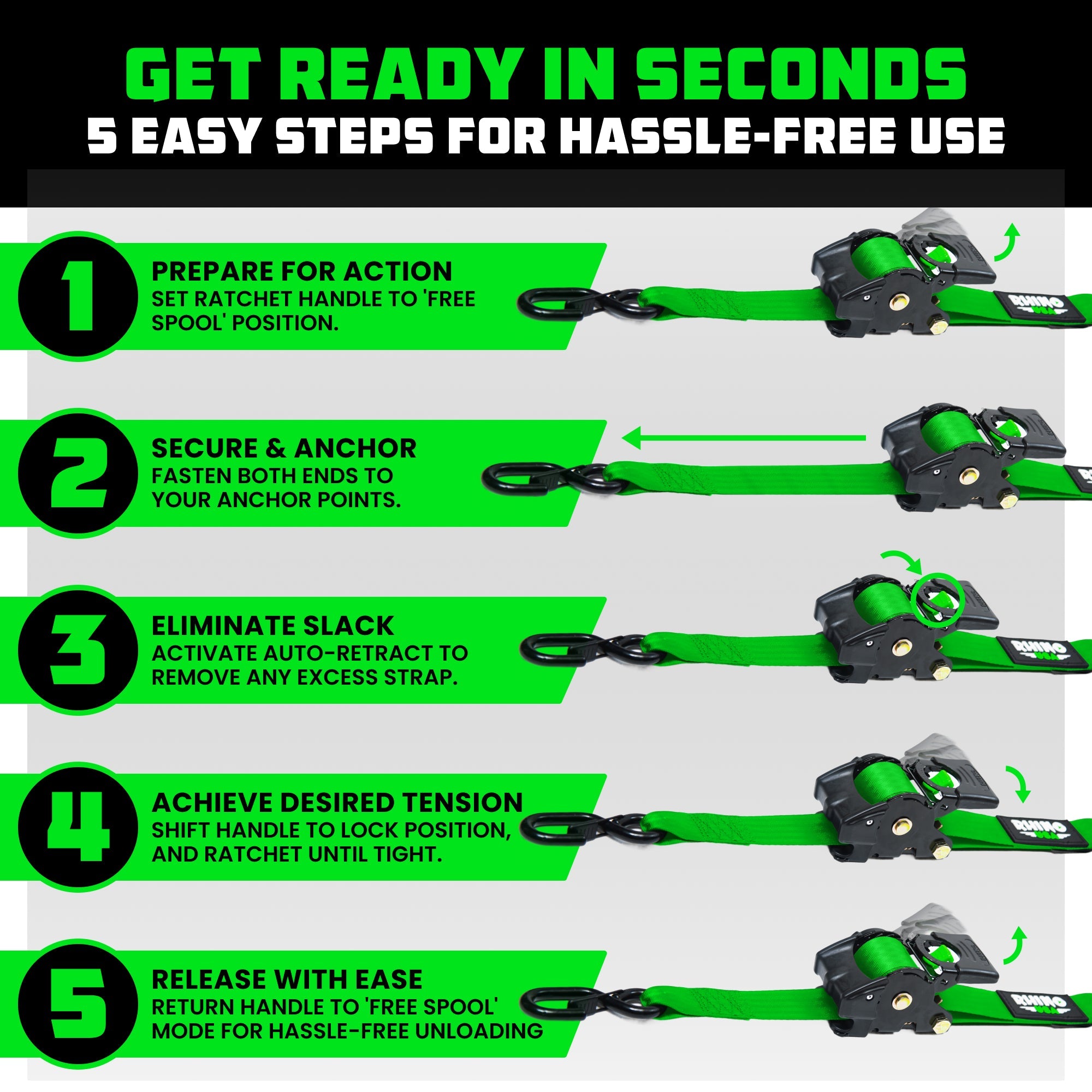 2" x 10' Retractable Ratchet Straps